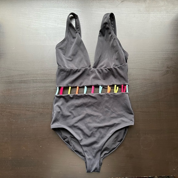 Peixoto Black Colorful MidBody Cut Out V Neck One Piece Swimsuit size Medium EUC - Picture 3 of 7
